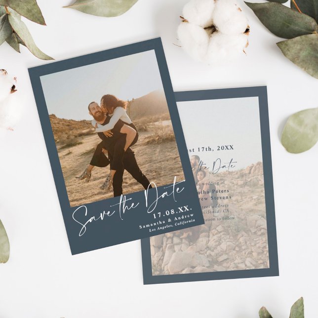 Elegant calligraphy blue 2 photos save the date (Creator Uploaded)