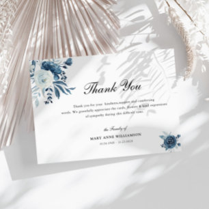 elegant calligraphy blue floral funeral  thank you card