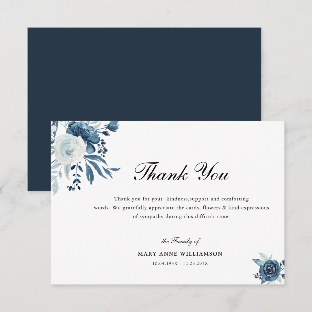 elegant calligraphy blue floral funeral thank you card | Zazzle