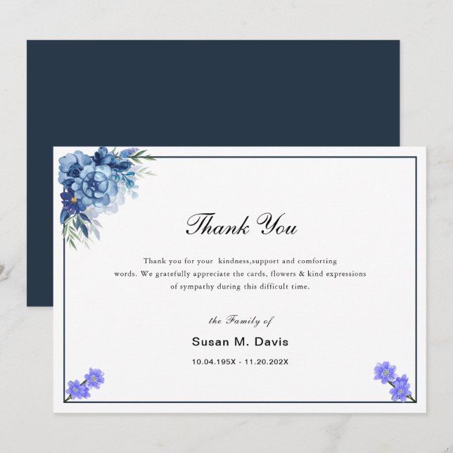 elegant calligraphy blue floral funeral thank you card (Front/Back)