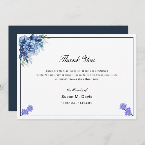 elegant calligraphy blue floral funeral thank you card