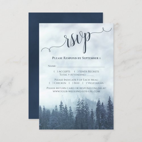 Elegant Calligraphy Blue Mountain Pines Wedding RSVP Card