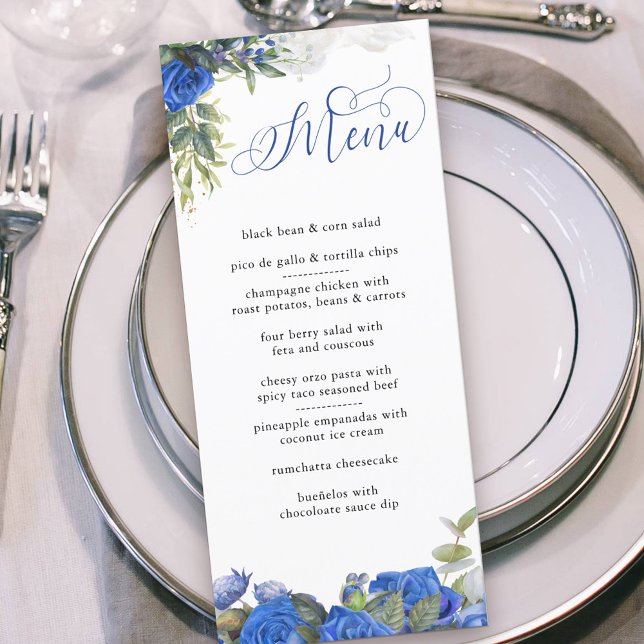 Elegant Calligraphy Blue Roses and Eucalyptus Menu (Menu with personalized message on the back. Floral blue rose design with elegant calligraphy)