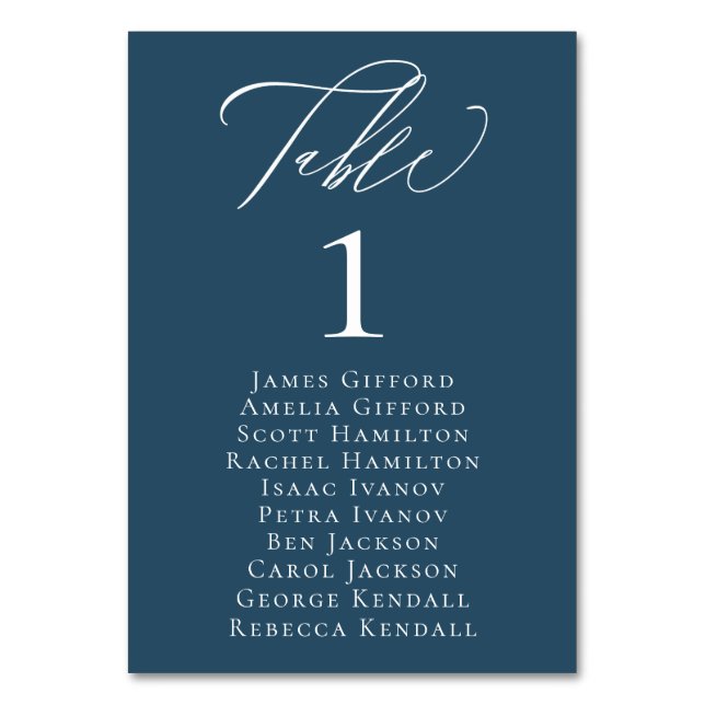 Elegant Calligraphy Blue Seating Table Number Card (Front)