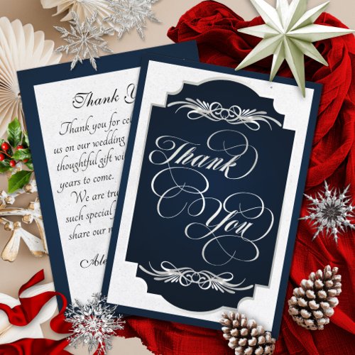 Elegant Calligraphy - Blue/Silver Thank You Card