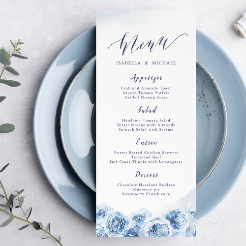 Elegant calligraphy blue watercolor floral wedding menu