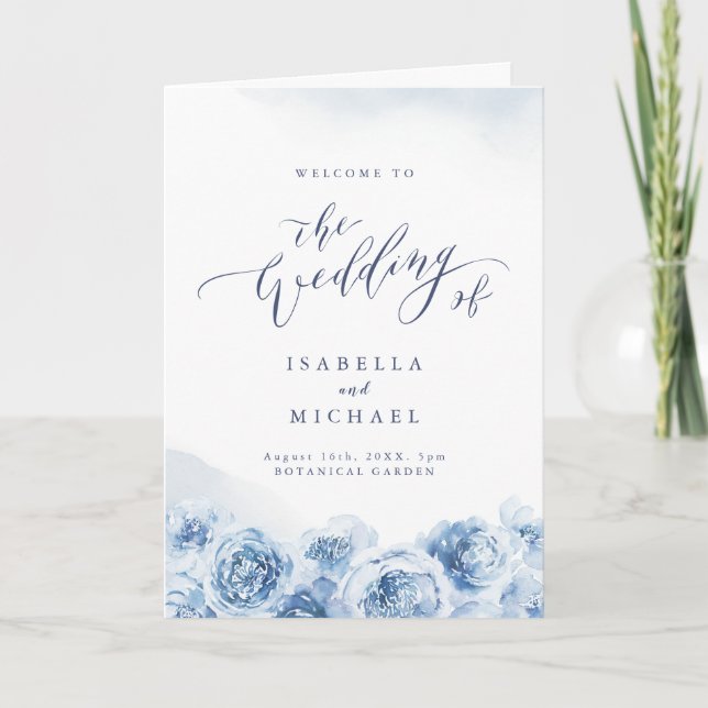 Elegant calligraphy blue watercolor floral wedding program (Front)