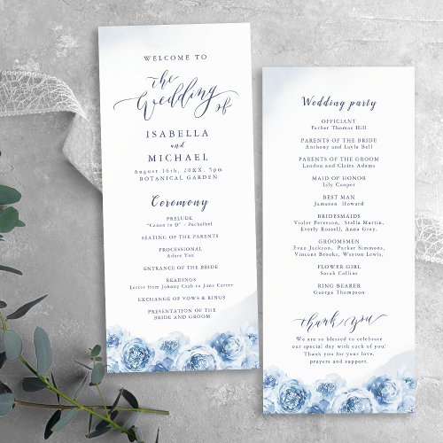 Elegant calligraphy blue watercolor floral wedding program