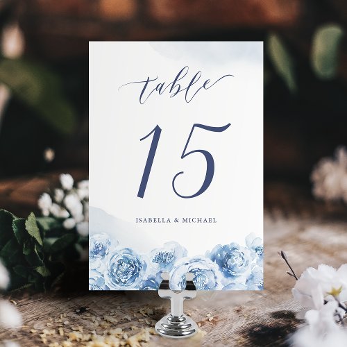 Elegant calligraphy blue watercolor floral wedding table number
