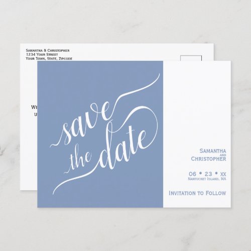 Elegant Calligraphy Blue Wedding Save the Date Announcement Postcard