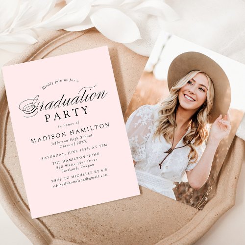 Elegant Calligraphy Blush Photo Graduation Party Invitation