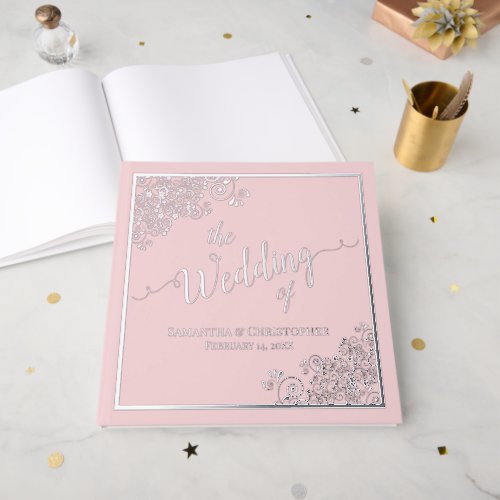 Elegant Calligraphy Blush Pink Silver Foil Wedding Foil Guest Book