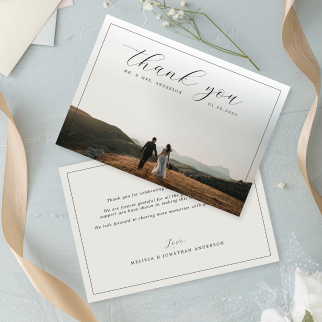 Elegant Calligraphy Border Photo Soft Gray Wedding Thank You Card (Creator Uploaded)