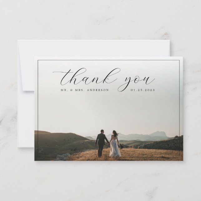 Elegant Calligraphy Border Photo Soft Gray Wedding Thank You Card (Front)