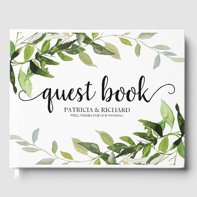 Elegant Calligraphy Botanical Greenery Wedding Guest Book (Front)