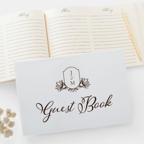 Elegant Calligraphy  Botanical Monogram Crest  Guest Book