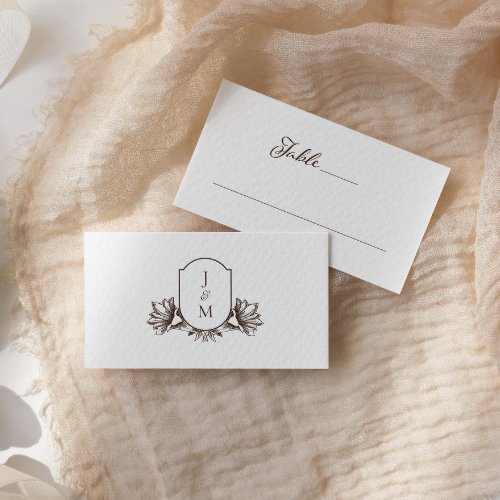 Elegant Calligraphy Botanical Monogram Crest Place Card