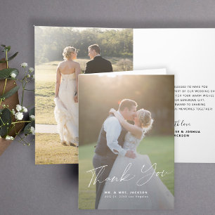 Elegant calligraphy bride and groom photo wedding letterpress thank you card
