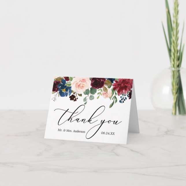 Elegant Calligraphy Burgundy Blue Floral Note Thank You Card (Front)