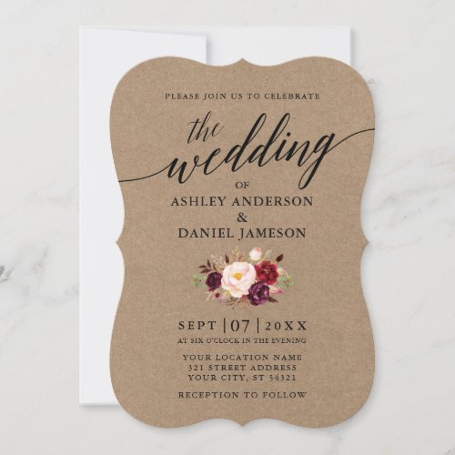 Elegant Calligraphy Burgundy Floral Kraft Wedding Invitation