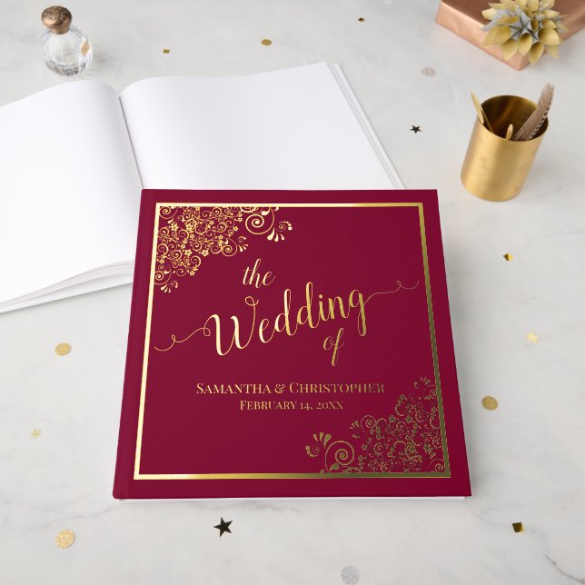 Elegant Calligraphy Burgundy & Gold Foil Wedding Foil Guest Book (Front Open)
