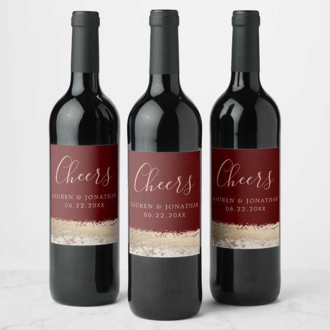 Elegant Calligraphy, Burgundy, Gold Foil Wedding Wine Label (Bottles)