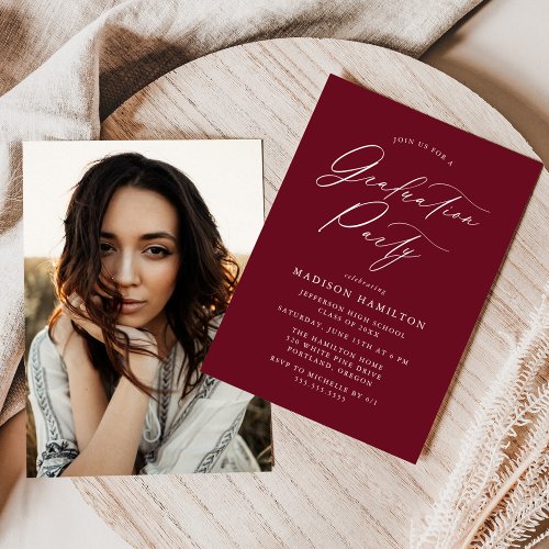 Elegant Calligraphy Burgundy Photo Graduation Invitation