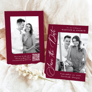 Elegant Calligraphy Burgundy Photo QR Code Wedding Save The Date