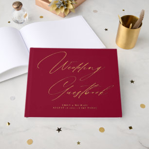Elegant Calligraphy Burgundy Red Gold Wedding  Foil Guest Book