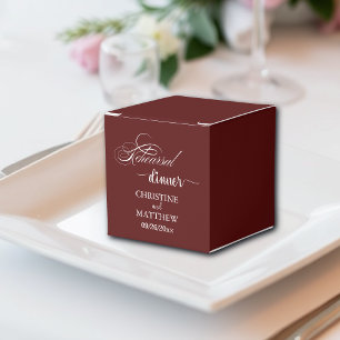 Elegant Calligraphy Burgundy Rehearsal Dinner Favor Boxes