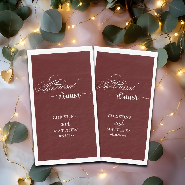 Elegant Calligraphy Burgundy Rehearsal Dinner Paper Guest Towels (Creator Uploaded)