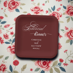 Elegant Calligraphy Burgundy Rehearsal Dinner Paper Plates