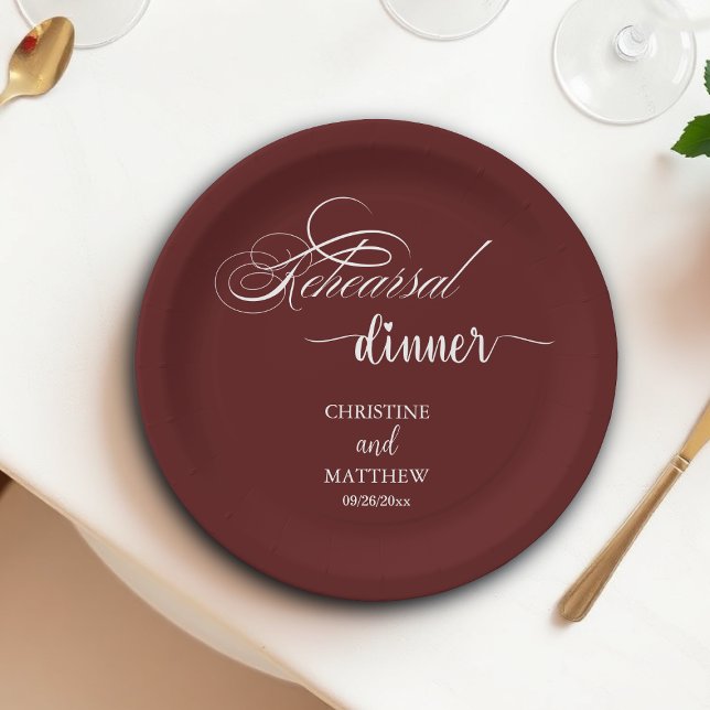 Elegant Calligraphy Burgundy Rehearsal Dinner Paper Plates (Creator Uploaded)