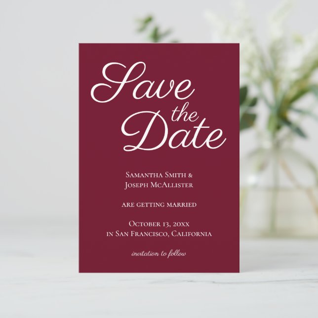 Elegant Calligraphy Burgundy Save the Date Invitation (Standing Front)