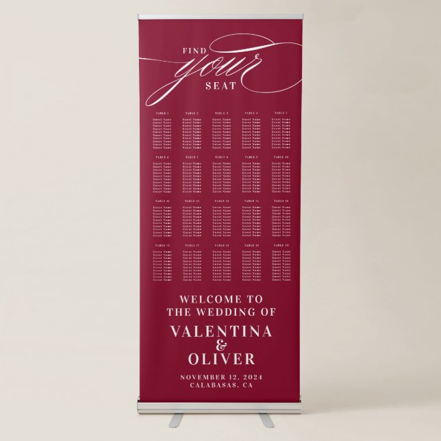 Elegant Calligraphy Burgundy Seating Chart  Retractable Banner (Front)