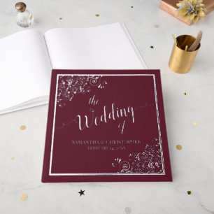 Elegant Calligraphy Burgundy & Silver Foil Wedding Foil Guest Book