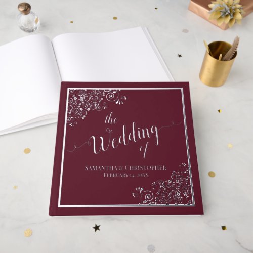 Elegant Calligraphy Burgundy  Silver Foil Wedding Foil Guest Book