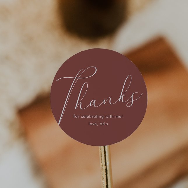 Elegant Calligraphy Burgundy Thank You Classic Round Sticker (Creator Uploaded)