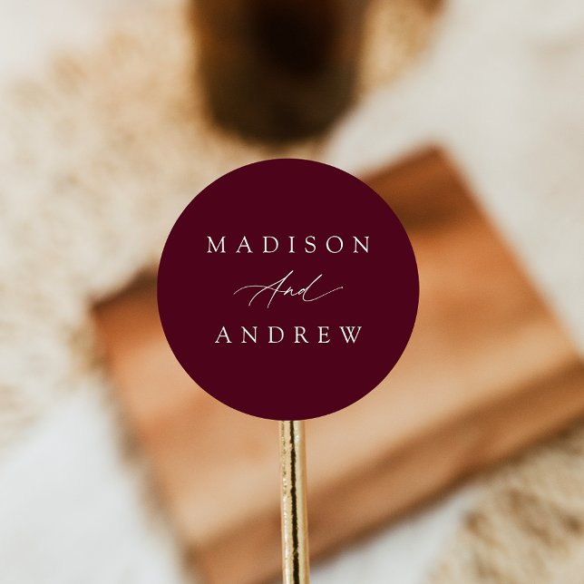 Elegant Calligraphy Burgundy Wedding Classic Round Sticker (Creator Uploaded)