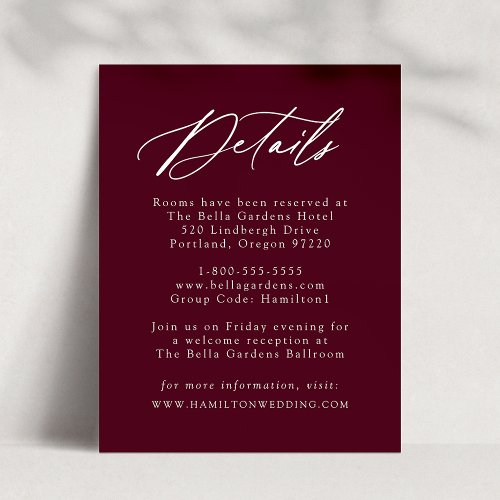 Elegant Calligraphy Burgundy Wedding Details Enclosure Card