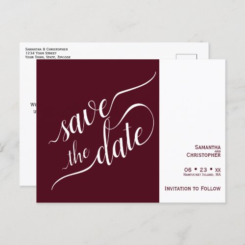 Elegant Calligraphy Burgundy Wedding Save the Date Announcement Postcard