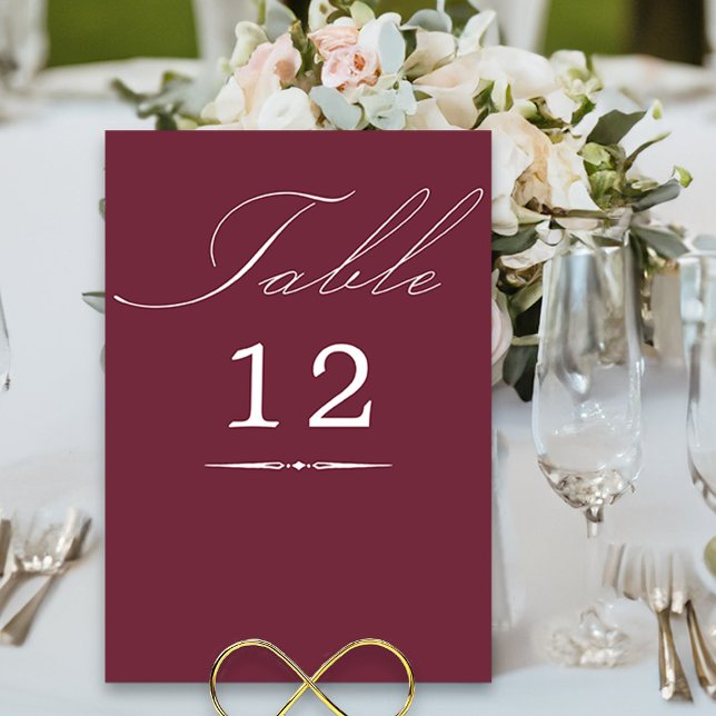 Elegant Calligraphy Burgundy Wedding Table Number (Elegant burgundy table number cards from my Wedding Colors collection)