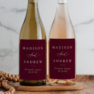 Elegant Calligraphy Burgundy Wedding Wine Label
