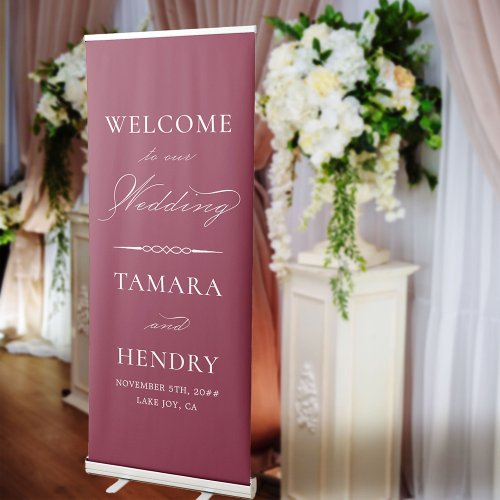 Elegant Calligraphy Burgundy White Wedding Welcome Retractable Banner