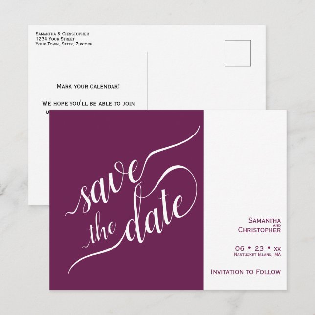 Elegant Calligraphy Cassis Wedding Save the Date Announcement Postcard (Front/Back)