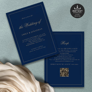 Elegant Calligraphy Champagne Gold Navy Wedding Invitation