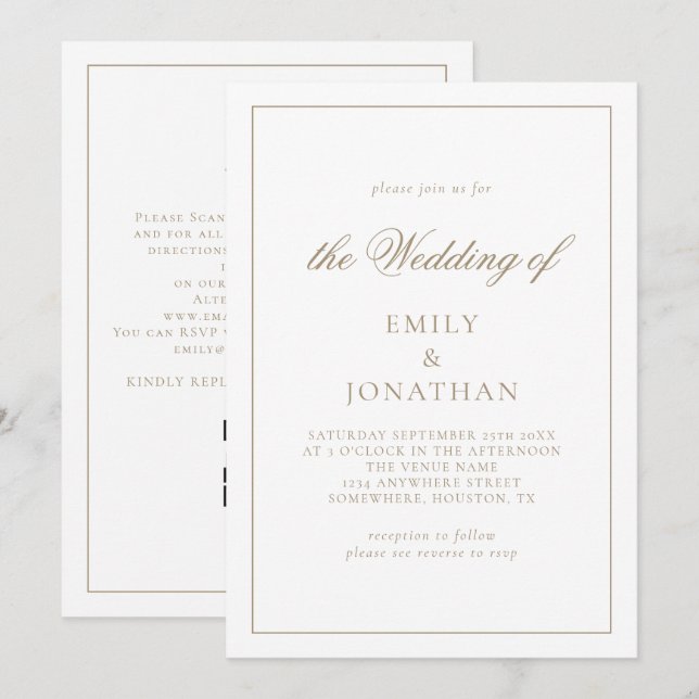 Elegant Calligraphy Champagne Gold Wedding Invitation (Front/Back)
