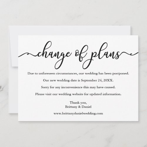 Elegant Calligraphy Change Of Plans New Date Card