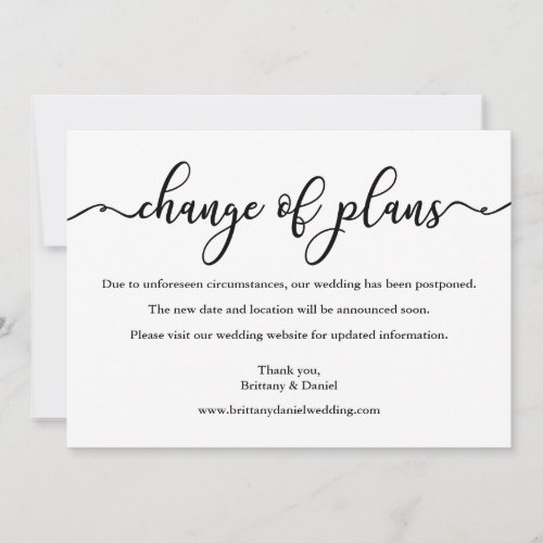 Elegant Calligraphy Change Of Plans Wedding Card