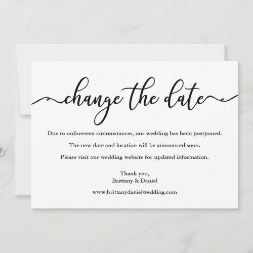 Elegant Calligraphy Change The Date Wedding Card